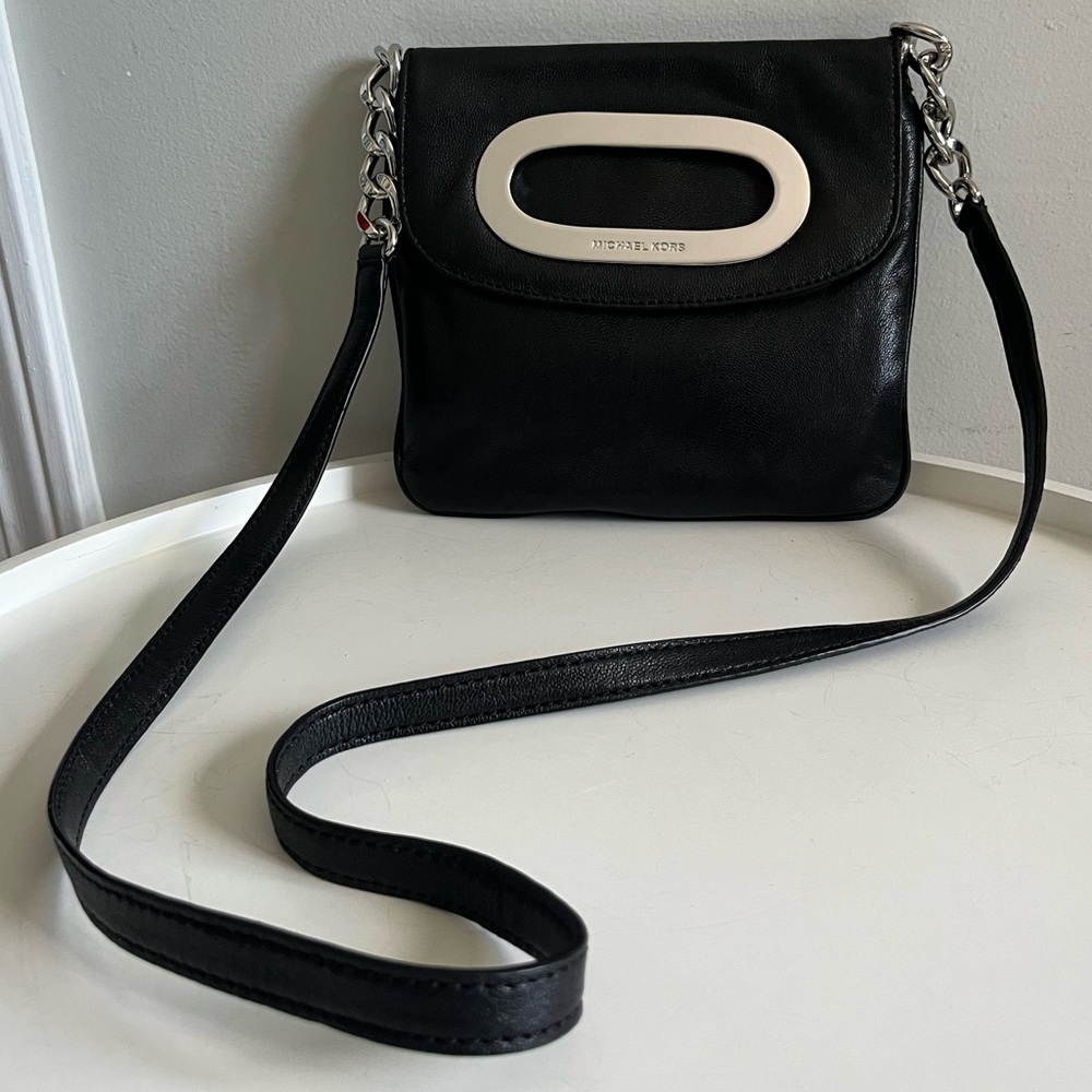 Michael Michael Kors Berkley Black Leather Crossbody Bag Silver Tone Hardware